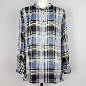 Vince Camuto Women's Semi Sheer Blue White Plaid Long Sleeves Blouse Size XL